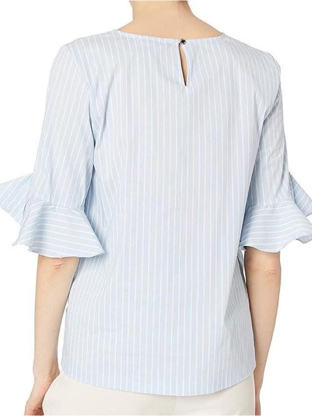 Calvin Klein Light Blue Pinstripe Ruffle Sleeve Blouse Preppy - Picture 2 of 4